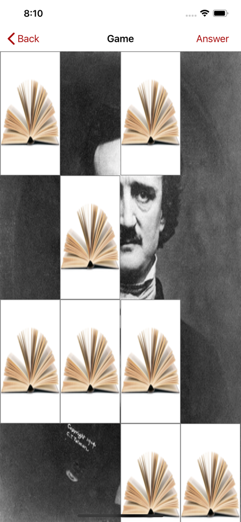 Gioco di ritratti nascosti letterari che mostra Edgar Allan Poe dietro icone di libri
