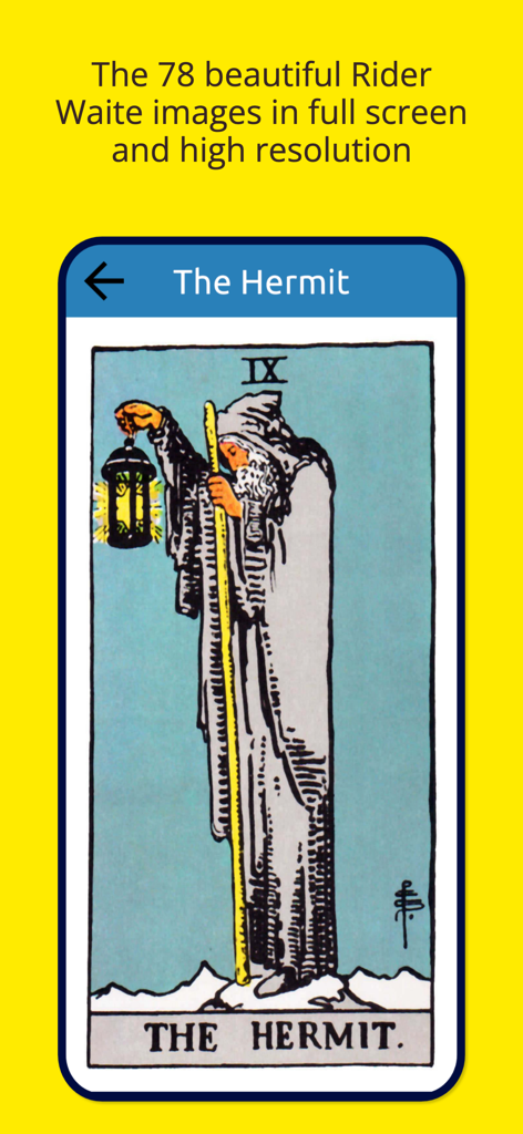 My Tarot Deck - Schermata ad alta risoluzione della carta L'Eremita dal mazzo Rider-Waite nell'app My Tarot Deck