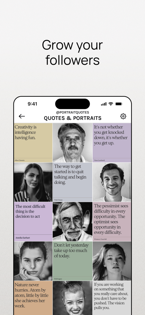 A mobile app interface displaying a planned Instagram grid with portraits and quote tiles