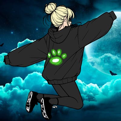 realistic girl jumping with a bun and oversized sweatshirt