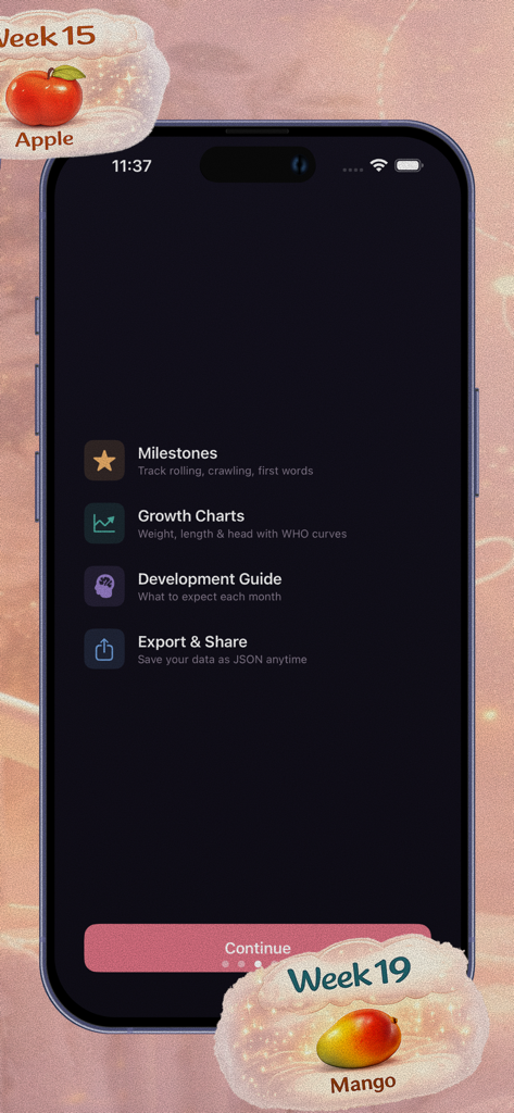 Baby Journey - Pantalla de la aplicación Baby Journey que muestra funciones como hitos y gráficos de crecimiento con comparaciones de frutas de semanas de embarazo.