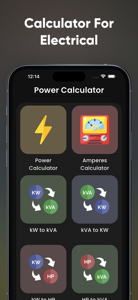 Electrical Power Calculator - Main menu of the Electrical Power Calculator app showing various electrical conversion tools including kW to kVA and Amperes calculations