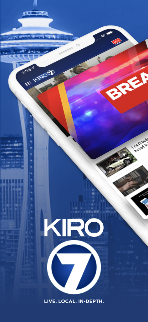 KIRO 7 News App- Seattle Area - KIRO 7 News app on a smartphone displaying a breaking news alert with the Seattle Space Needle background.