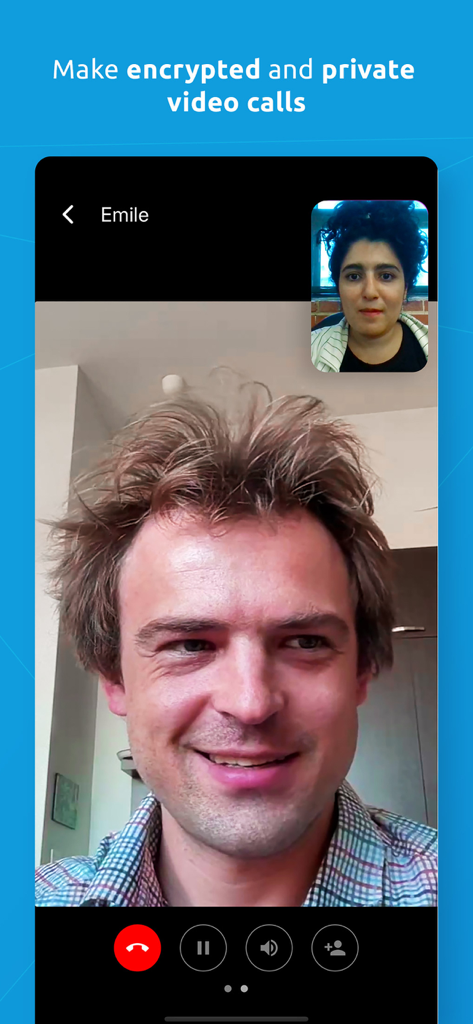 A screenshot of the Jami app interface showing an encrypted and private video call between two users.