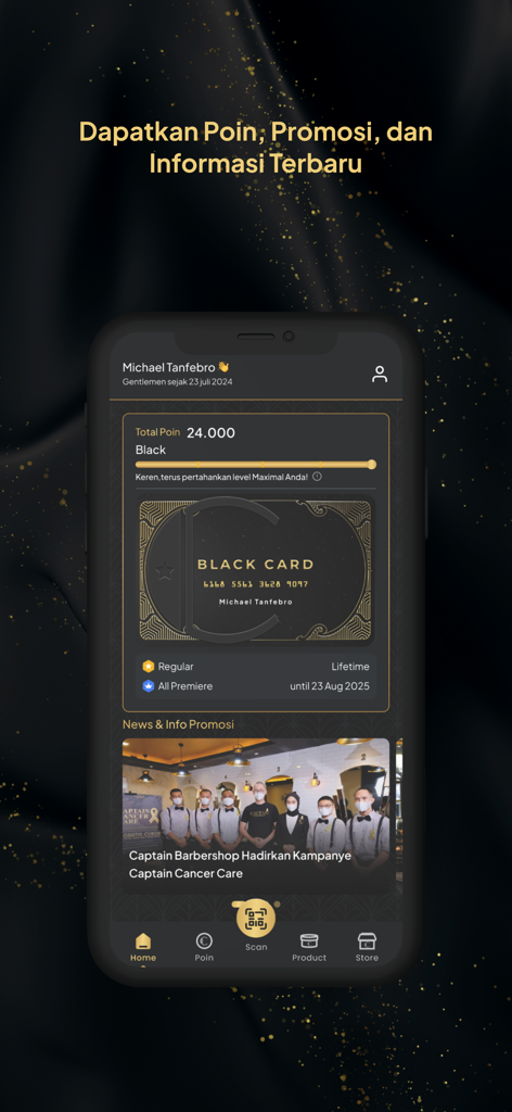 Captain Membership - Dashboard of Captain Membership app showing a digital black card and reward points.