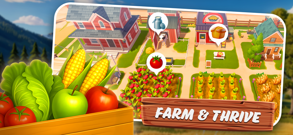Big Farm Homestead - Captura de pantalla del juego Big Farm Homestead que muestra edificios de granjas y una cosecha fresca de cultivos