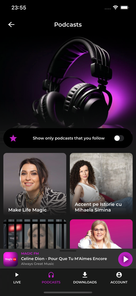 Magic FM Romania - A screenshot of the Magic FM Romania podcasts screen featuring Romanian talk shows and a headphone graphic