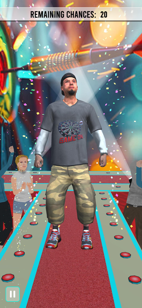 Dart Games 3D: Arrow Master - Un personaje 3D de pie sobre una alfombra roja celebrando con confeti y una multitud vitoreando en Dart Games 3D Arrow Master.