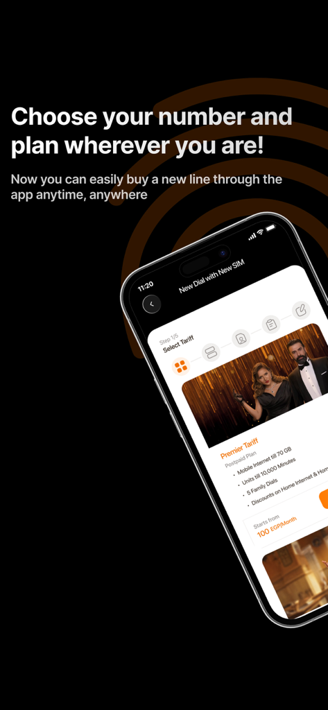 My Orange Egypt - Screenshot of My Orange Egypt app showing how to choose a mobile number and tariff plan