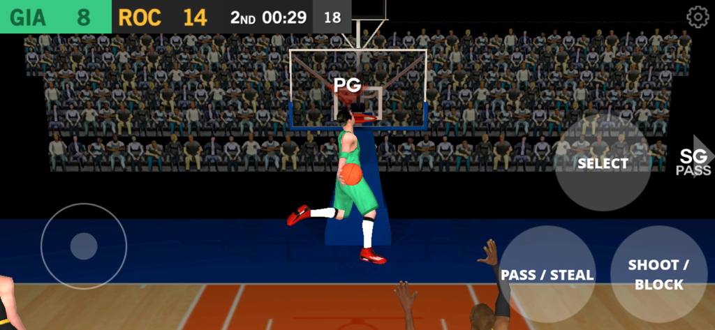 A basketball player in a green jersey performing a dunk during a match in the DoubleClutch app