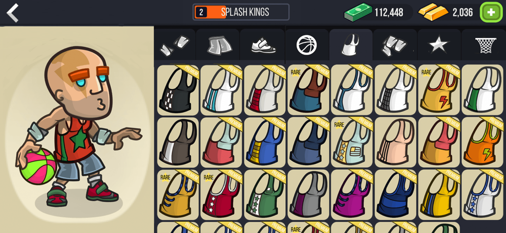 Basketball Battle NO WIFI Game - 다양한 유니폼 스타일과 공을 들고 있는 플레이어가 표시된 농구 배틀의 캐릭터 커스터마이징 화면