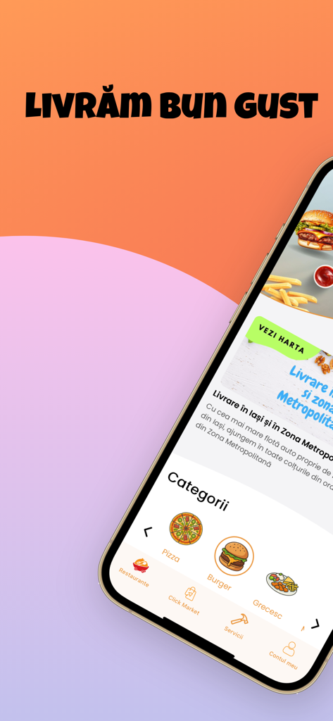 Iasi Delivery - Iasi Delivery mobile app interface showing food categories like pizza and burgers