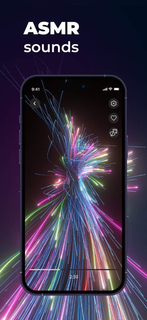 A smartphone showing colorful fiber optic light patterns from the Feelsy ASMR app.