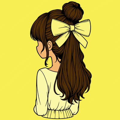 realistic girl  with hip length hair a bun and a big bow on the back of head