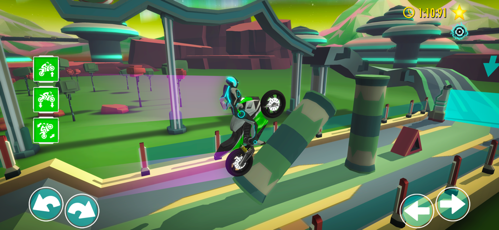 Gravity Rider - Pilote de moto futuriste effectuant une cascade d'équilibre sur une piste spatiale 3D dans Gravity Rider