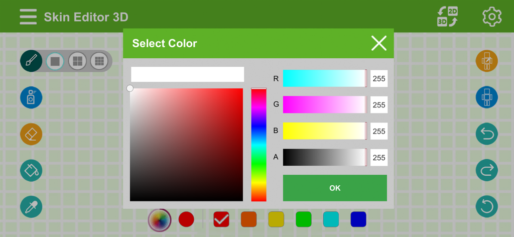 Skin Editor 3D - Interface of the Skin Editor 3D app showing the color picker tool with RGB and Alpha sliders over a grid background.