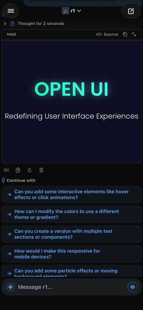 Open UI mobile app interface showing an AI chat with a rendered HTML preview and collapsible reasoning block