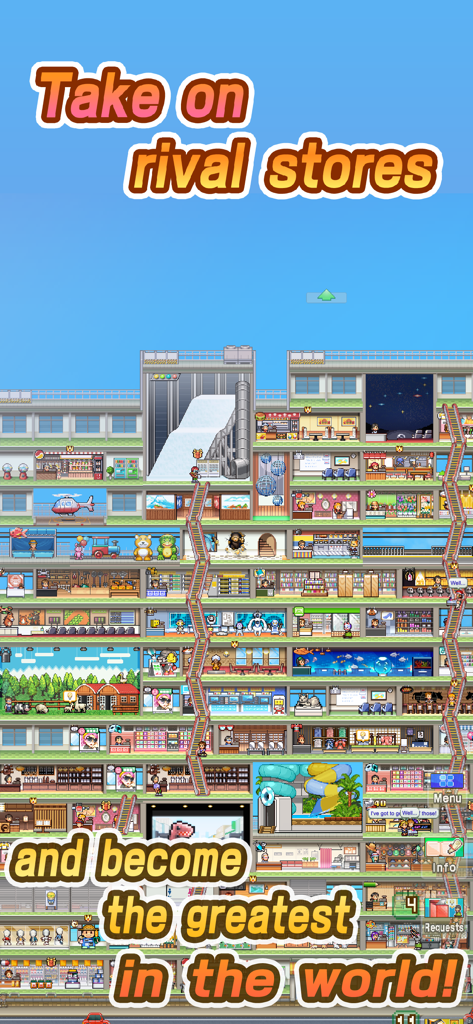 A vertical multi-story pixel art shopping mall in Mega Mall Story 2 showing various shops and customers