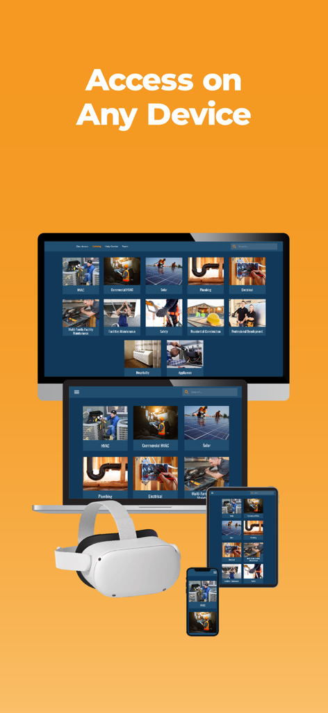 Die Benutzeroberfläche der Interplay Learning App wird auf mehreren Geräten angezeigt, darunter ein VR-Headset und ein Mobiltelefon