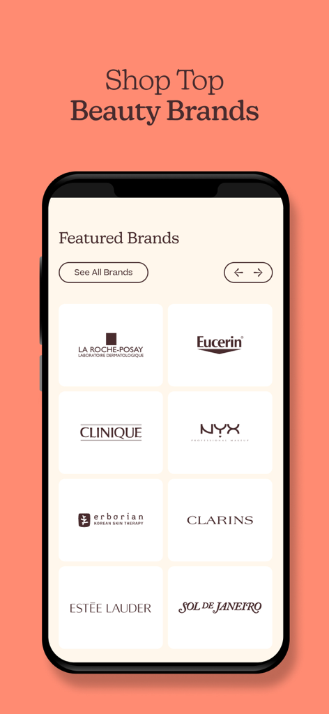 Écran de l'application Care To Beauty montrant les marques présentées, y compris La Roche-Posay, Eucerin, Clinique et Sol de Janeiro.