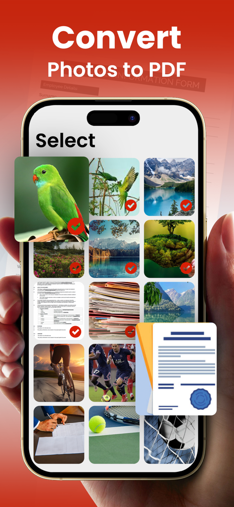 PDF Converter - Image to PDF . - A mobile screen showing the photo selection interface for converting multiple images into a PDF document