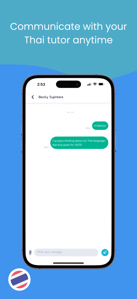 Ling Live 앱에서 학생이 원어민 태국어 튜터와 메시지를 주고받는 채팅 인터페이스