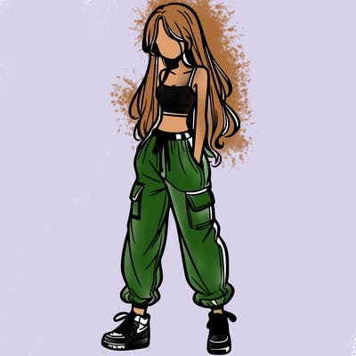 girl in baggy pants crop top and long hair