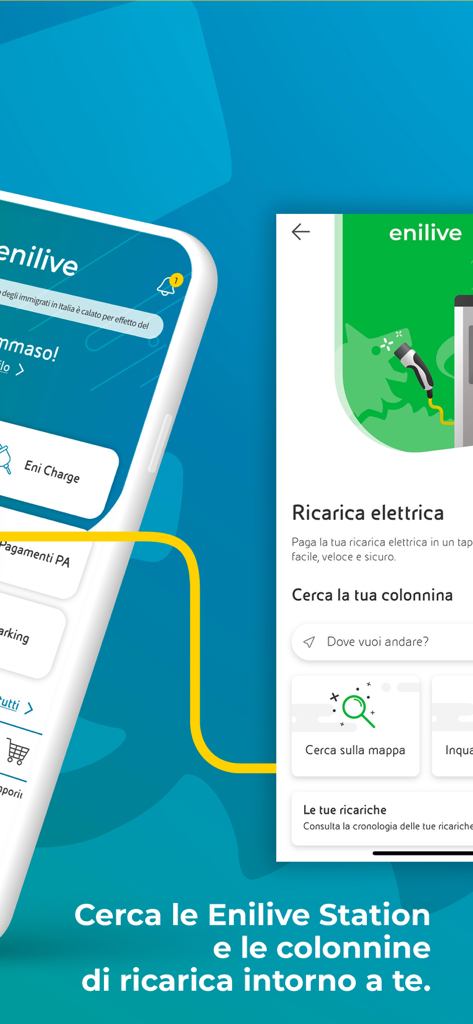 Interface of the Enilive app showing electric vehicle charging station search and mobility services