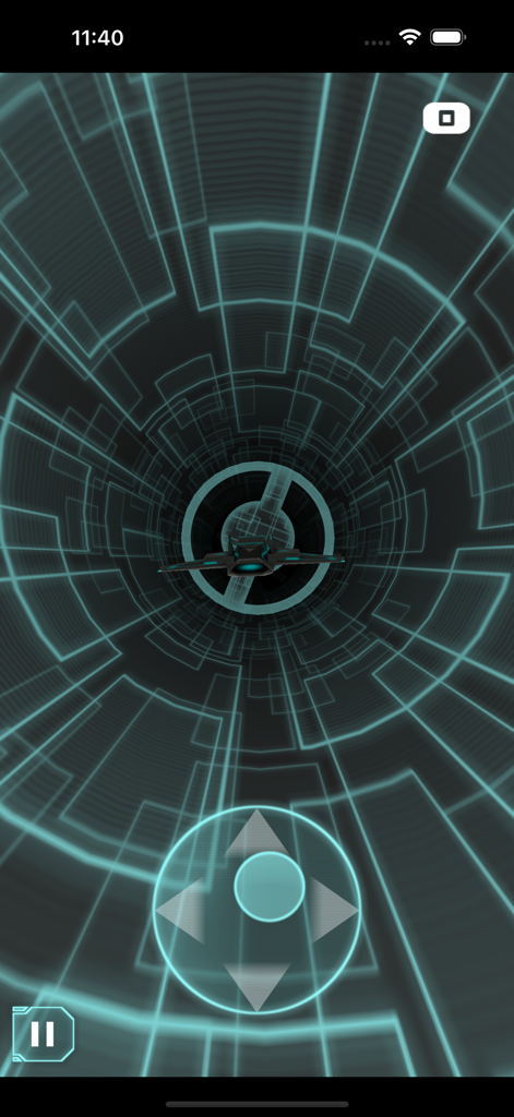 Una nave espacial volando a través de un túnel de cuadrícula de neón futurista en el juego móvil ST-3D-R