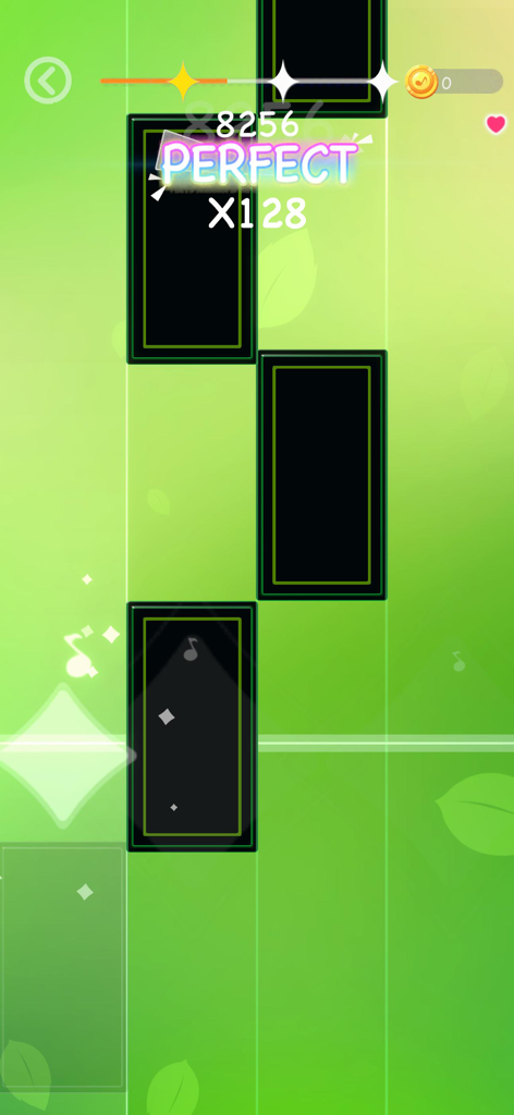 Cat Cute Tiles: Rhythm Games - 緑色の背景に、落ちてくるリズムタイルと完璧なスコアメッセージが表示されたCat Cute Tilesのゲームプレイ画面