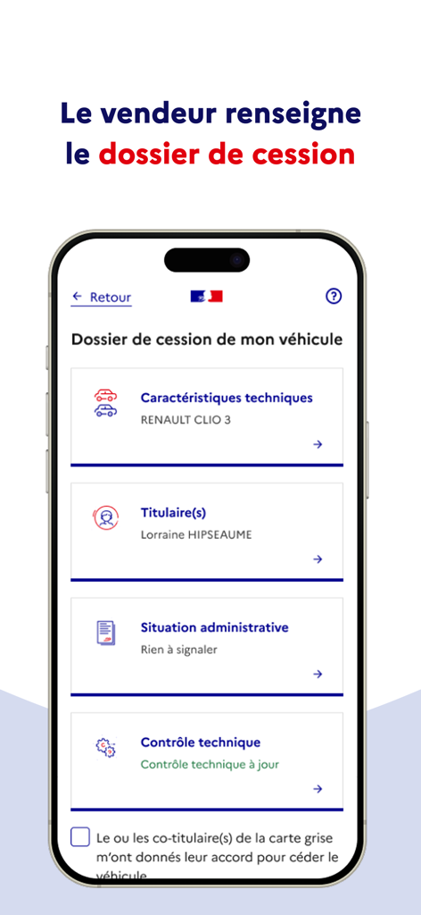 Mobile interface of the Simplimmat app showing a vehicle transfer dossier for sellers