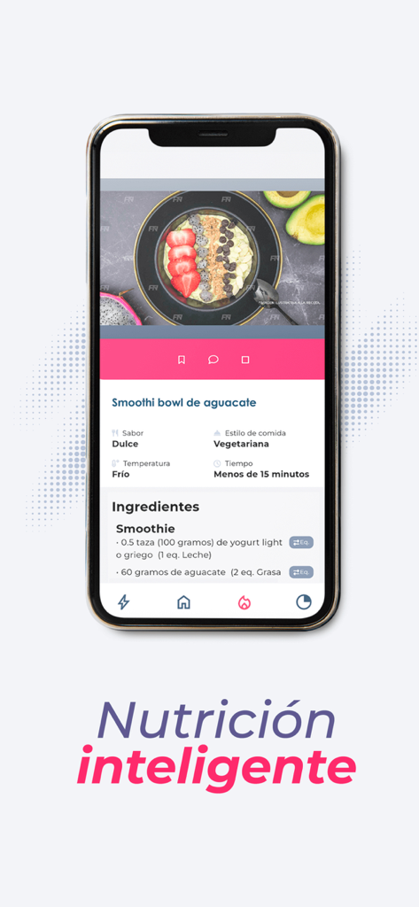 Vista de una receta saludable de smoothie bowl de aguacate en la aplicacion de fitness FTN