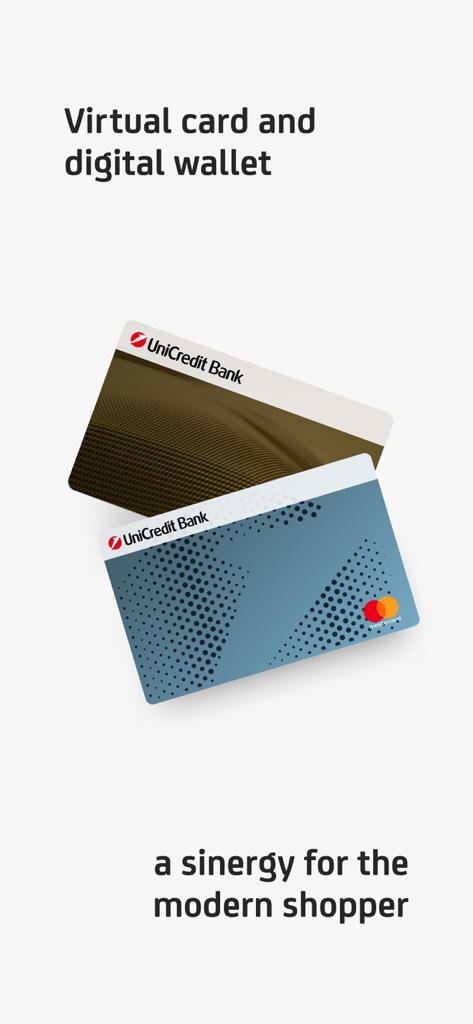 mBanking - Two UniCredit Bank virtual payment cards displayed with text describing digital wallet features for modern shoppers