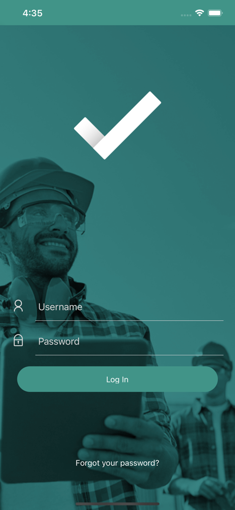 Task Master Mobile - Interface de connexion de l'application Task Master Mobile avec un arrière-plan de technicien sur le terrain