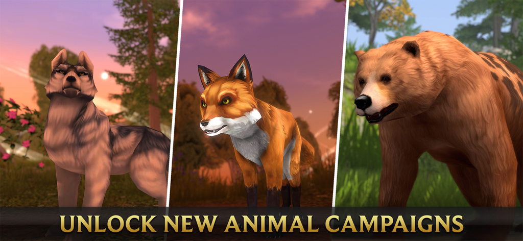 Wolf Tales - Online RPG Sim 3D - Trois panneaux verticaux montrant un loup, un renard et un ours avec le texte Débloquez de nouvelles campagnes animales