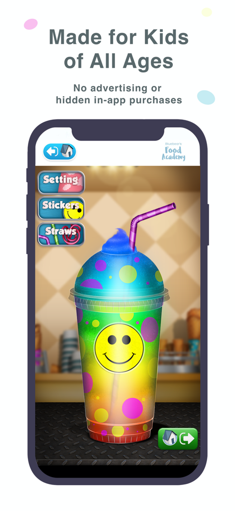 Foodabee: Virtual Pet for Kids - Interface of the Foodabee app showing a colorful slushie decorated with a smiley face sticker and polka dots