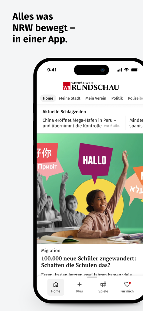 Startbildschirm der WR News App mit regionalen Schlagzeilen und Navigation für deutsche Lokalnachrichten.