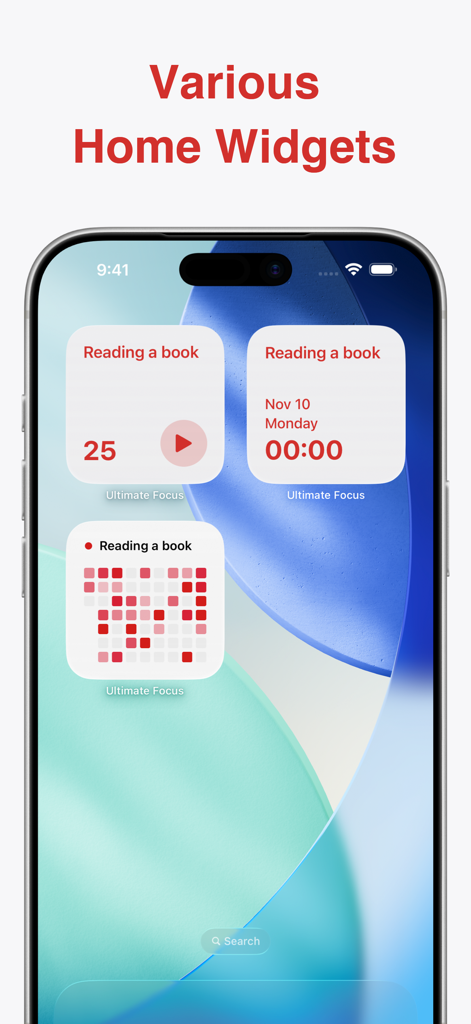 Ultimate Focus - Visual Timer - Eine Sammlung verschiedener Ultimate Focus App Widgets auf dem Home-Bildschirm eines iPhones, einschließlich Timer und Fokusstatistiken.