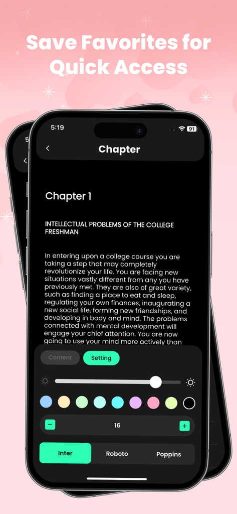 Reading interface of the NovelShort app showing customizable font, size, and background color settings.