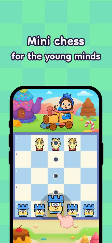 A colorful screenshot of the ChessWorld app featuring a mini chess game for kids with cartoon characters.