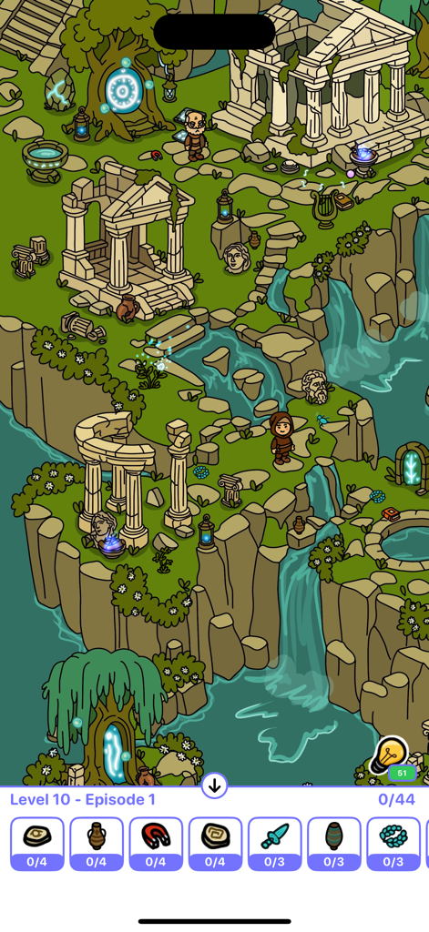 Gameplay screenshot of Seek and Find Hidden Objects featuring a hand drawn map with ancient ruins waterfalls and an object search bar