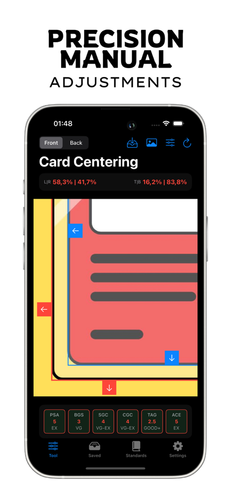 Card Centering Calculator App - Card Centering Calculator app screen showing manual adjustments of centering ratios and grading estimates for PSA and BGS.