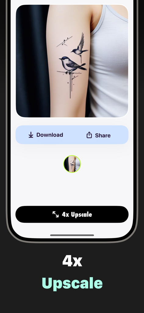 Tattoo AI: Generator & Maker - A bird tattoo design being upscaled in the Tattoo AI Generator app