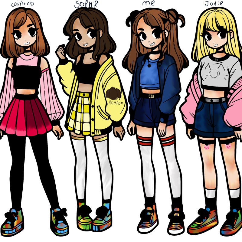 one girl with crop-top shirt and a jacket with a skirt, long socks and another girl with a shirt and pants with a jacket