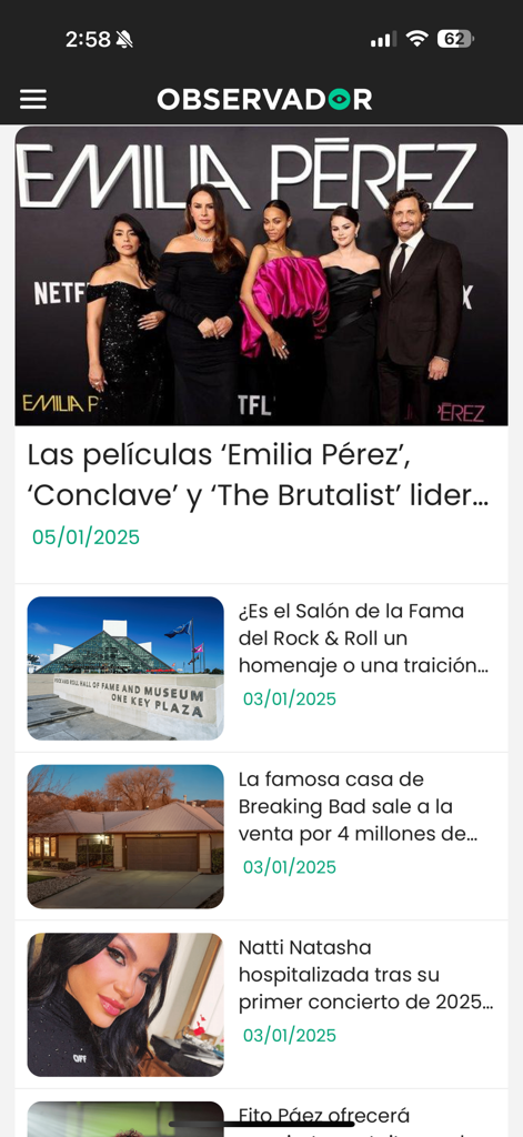 Interfaz de la app de noticias OBSERVADOR que muestra un feed de artículos de entretenimiento y cultura en español.