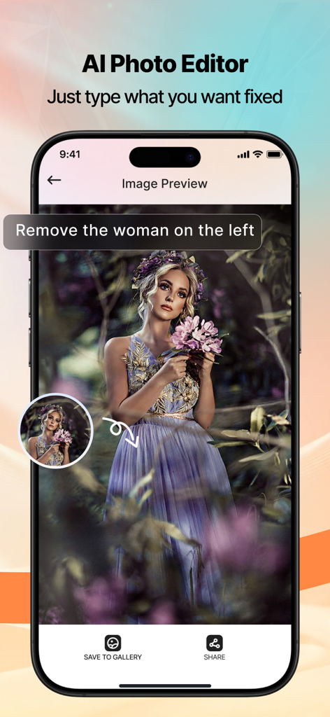 Interfaz de Banana Pro AI Photo Editor mostrando una foto siendo editada usando una indicación de texto en lenguaje natural para eliminar un objeto