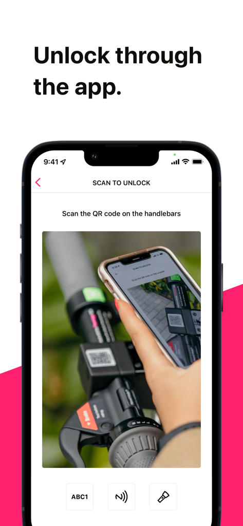 Flamingo Scooters - A smartphone screen displaying the scan to unlock feature for a Flamingo scooter with a QR code.