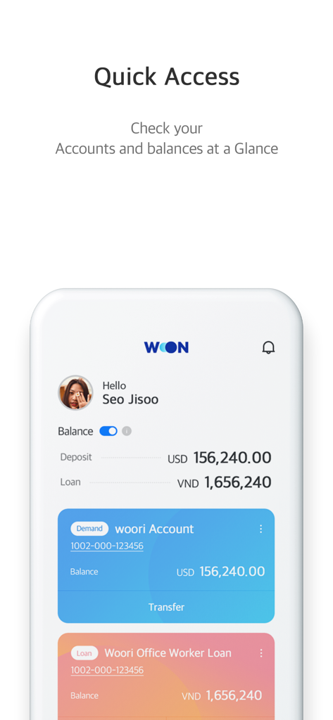 Mobile app interface for Woori WON Banking showing account balances and quick access menu