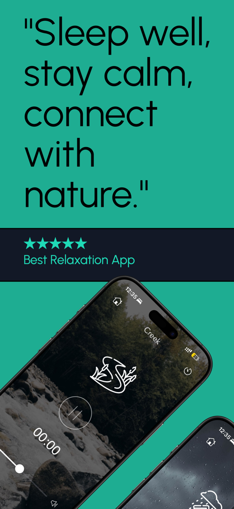 Relaxing Nature Sleep Sounds - Pantalla de smartphone mostrando la interfaz de la aplicación Sonidos Relajantes de la Naturaleza para Dormir con un paisaje sonoro de un arroyo y una calificación de cinco estrellas.
