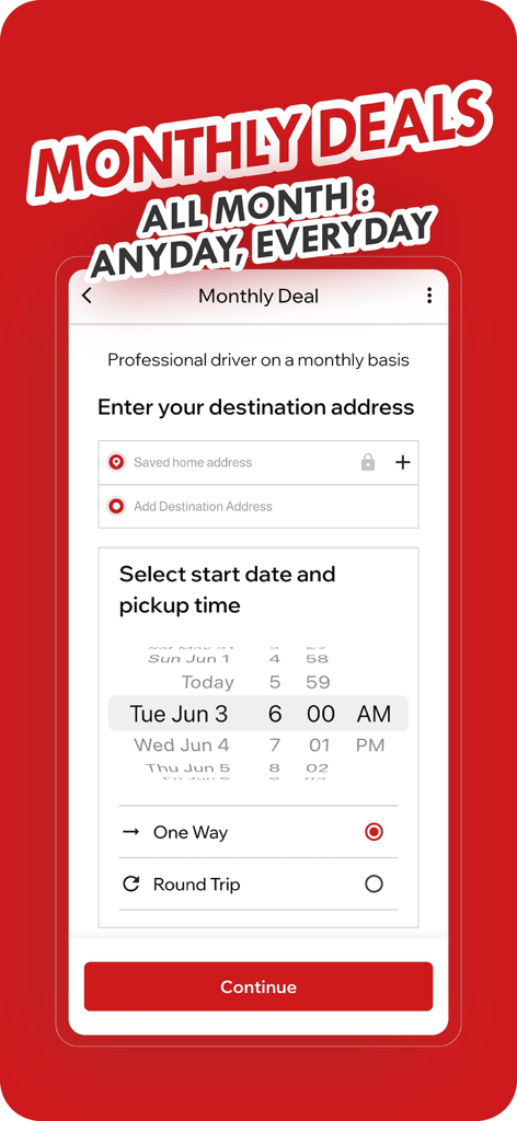 badrgo - Your way to go - Pantalla de la aplicación badrgo para reservar conductores profesionales mensualmente, incluyendo la selección de destino y hora